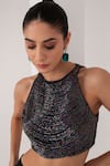 Shop_AKARA_Black Taffeta Silk Halo Chain Embellished Blouse With High Low Lehenga _at_Aza_Fashions