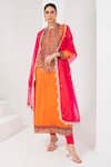 Buy_AKARA_Orange Organza Embroidery Sequin High Neck Mughal Fleur Yoke Kurta Set _at_Aza_Fashions