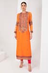 AKARA_Orange Organza Embroidery Sequin High Neck Mughal Fleur Yoke Kurta Set _Online_at_Aza_Fashions