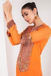 Buy_AKARA_Orange Organza Embroidery Sequin High Neck Mughal Fleur Yoke Kurta Set 