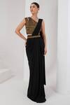 Buy_AKARA_Black Crepe Blend Embroidery Nalki One Shoulder Love Dusk Pre-draped Saree Set _at_Aza_Fashions