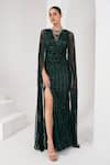 AKARA_Green Tulle Embellished Cutdana Illusion Sheer Round Neck Floral Stripe Gown _Online_at_Aza_Fashions