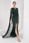 Buy_AKARA_Green Tulle Embellished Cutdana Illusion Sheer Round Neck Floral Stripe Gown _Online_at_Aza_Fashions