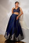 Buy_AKARA_Blue Taffeta Silk Embroidery Cutdana Blunt V Neck Stripe Lehenga And Blouse Set _at_Aza_Fashions