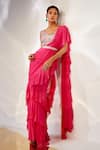 Buy_AKARA_Pink Georgette Embroidery Cutdana Square Pre-draped Ruffle Saree With Blouse _at_Aza_Fashions