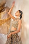 Shop_AKARA_Black Taffeta Silk Embroidery Thread Halter Neck Geometric Lehenga Blouse Set _Online_at_Aza_Fashions