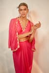 Shop_AKARA_Pink Georgette Embroidery Cutdana Cape Open Border Draped Skirt Set _Online_at_Aza_Fashions