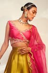 Buy_AKARA_Green Taffeta Silk Embroidery Cutdana V Neck Border Panelled Lehenga Set _Online_at_Aza_Fashions