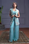 Buy_Christina_Blue Silk Embroidery Sequin Lapel Collar Atlantis Fleur Jacket Flared Pant Set _at_Aza_Fashions