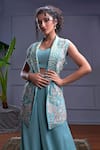 Shop_Christina_Blue Silk Embroidery Sequin Lapel Collar Atlantis Fleur Jacket Flared Pant Set _at_Aza_Fashions