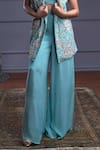 Christina_Blue Silk Embroidery Sequin Lapel Collar Atlantis Fleur Jacket Flared Pant Set _Online_at_Aza_Fashions