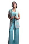 Buy_Christina_Blue Silk Embroidery Sequin Lapel Collar Atlantis Fleur Jacket Flared Pant Set _Online_at_Aza_Fashions