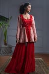 Buy_Christina_Red Georgette Embroidery Resham Capri Florence Print And Peplum Jacket Set _at_Aza_Fashions