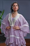 Shop_Christina_Purple Georgette Embroidery Mirror Sweetheart Neck Corfu Sheesh Jaal Kaftan Set _at_Aza_Fashions