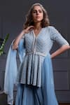 Buy_Christina_Blue Georgette Embroidery Cutdana V Eureka Florid Peplum Kurti Sharara Set 