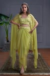 Buy_Christina_Green Crepe Embroidery Resham Haiti Phool Bagh Cape Jacket Draped Skirt Set _at_Aza_Fashions