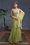 Buy_Christina_Green Georgette Embroidery Mirror Round Neck Nevis Bloom Kurta Sharara Set _at_Aza_Fashions