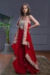 Buy_Christina_Red Crepe Embroidery Pearls Open Siren Phoolista Dori Jacket Flared Pant Set _at_Aza_Fashions