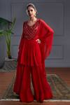 Buy_Christina_Red Georgette Embroidery Mirror Round Neck Skyros Flora Kaftan Set _at_Aza_Fashions