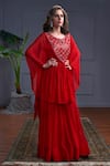 Shop_Christina_Red Georgette Embroidery Mirror Round Neck Skyros Flora Kaftan Set _at_Aza_Fashions