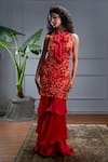 Buy_Christina_Red Satin Organza Embroidery Zia Rafflesia Garden Kurta With Layered Sharara _at_Aza_Fashions