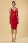 Samyukta Singhania_Red Polyester Solid V Neck Short Bodycon Dress _Online_at_Aza_Fashions