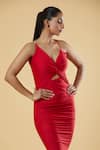 Shop_Samyukta Singhania_Red Polyester Solid V Neck Short Bodycon Dress _Online_at_Aza_Fashions