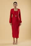 Samyukta Singhania_Red Polyester Solid Square Neck Puffed Sleeve Midi Dress _Online_at_Aza_Fashions