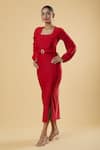 Buy_Samyukta Singhania_Red Polyester Solid Square Neck Puffed Sleeve Midi Dress _Online_at_Aza_Fashions