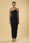 Samyukta Singhania_Black Polyester Solid One Shoulder Maxi Dress _Online_at_Aza_Fashions