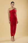 Samyukta Singhania_Red Polyester Solid One Shoulder Plain Maxi Dress _Online_at_Aza_Fashions