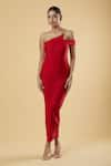 Buy_Samyukta Singhania_Red Polyester Solid One Shoulder Plain Maxi Dress _Online_at_Aza_Fashions