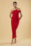 Samyukta Singhania_Red Polyester Solid One Shoulder Plain Maxi Dress _at_Aza_Fashions