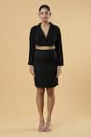 Samyukta Singhania_Black Crepe Solid Notched Lapel Tie-up Overlapped Crop Blazer With Skirt _at_Aza_Fashions