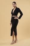 Samyukta Singhania_Black Crepe Solid Notched Lapel Crop Blazer With Midi Slit Skirt _Online_at_Aza_Fashions