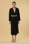 Samyukta Singhania_Black Crepe Solid Notched Lapel Crop Blazer With Midi Slit Skirt _at_Aza_Fashions