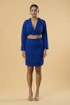 Samyukta Singhania_Blue Crepe Solid Notched Lapel Crop Blazer With Mini Skirt _Online_at_Aza_Fashions