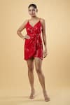 Buy_Samyukta Singhania_Red Zara Sequin V-neck Effortless Glamour Draped Dress _at_Aza_Fashions