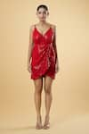 Samyukta Singhania_Red Zara Sequin V-neck Effortless Glamour Draped Dress_Online_at_Aza_Fashions