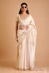 Buy_Mityan_Ivory Silk Chanderi Embroidered Floral Deep V Neck Aster Saree With Blouse _at_Aza_Fashions