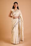 Buy_Mityan_Ivory Silk Chanderi Embroidered Floral V Neck Daffodil Saree With Blouse _at_Aza_Fashions