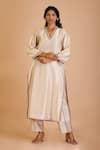 Buy_Mityan_Ivory Silk Chanderi Embroidered Floral V Neck Ivy Tunic And Pant Set _at_Aza_Fashions