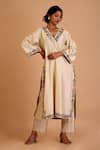 Buy_Mityan_Ivory Silk Chanderi Embroidered Floral V Neck Milfoil Tunic And Pant Set _at_Aza_Fashions