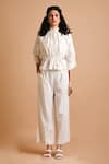 Buy_Mityan_Ivory Jute Silk Embroidered Thread High Neck Snowball Top And Cullotte Pant Set _at_Aza_Fashions