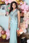 Buy_Samatvam by Anjali Bhaskar_Blue Crepe V Neck Embroidered Jacket And Palazzo Set _at_Aza_Fashions