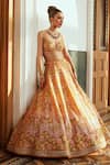 Shop_Anushree Reddy_Yellow Organza Embroidery Flower Sweetheart Daisy Sunset Bridal Lehenga Set _at_Aza_Fashions