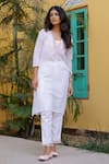Shop_Gulaal_White Cotton, Jacquard Lace, Embroidery V-neck Checkered Textured Kurta Pant Set _Online_at_Aza_Fashions