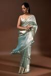 Sacred Weaves_Green Tissue Silk Zari Stripe Banarasi Saree With Unstitched Blouse Piece_Online_at_Aza_Fashions