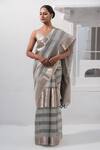 Buy_Sacred Weaves_Grey Tissue Silk Zari Stripe Rangkat Pattern Saree With Unstitched Blouse Piece _at_Aza_Fashions