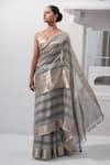 Buy_Sacred Weaves_Grey Tissue Silk Zari Stripe Rangkat Pattern Saree With Unstitched Blouse Piece _Online_at_Aza_Fashions